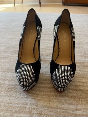 Charlotte Olympia Black Suede Crystal-Embellished Platform Pumps Size 38